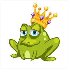 Cartoon green frog character with a crown  gemstones, sitting on  blue pillow
