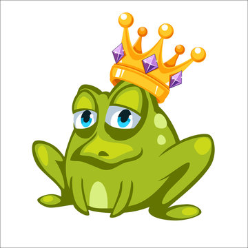 Cartoon green frog character with a crown  gemstones, sitting on  blue pillow