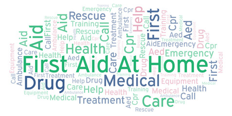 First Aid At Home word cloud, made with text only.