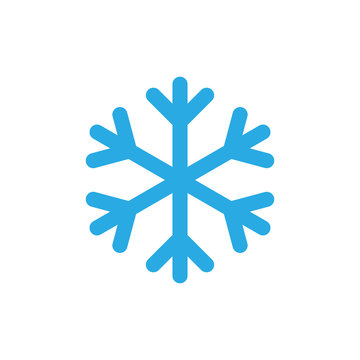 Snowflake icon. Blue silhouette snow flake sign, isolated on white background. Flat design. Symbol of winter, frozen, Christmas, New Year holiday. Graphic element decoration. Vector illustration