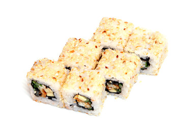 Roll California in sesame. Sushi with crab, eel, cucumber. Japanese food on a beautiful dish.