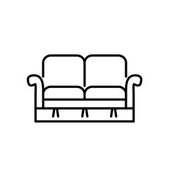 Black & white vector illustration of loveseat. Double sofa. Line icon of settee. Element of modern home & office furniture. Isolated on white background