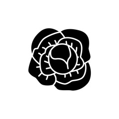 Black & white vector illustration of whole cabbage vegetable. Flat icon of fresh organic headed cabbage. Vegan & vegetarian food. Isolated object on white background.