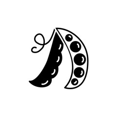 Black & white vector illustration of pea pod with seeds. Flat icon of fresh organic sweet pea. Vegan & vegetarian food. Isolated object on white background.