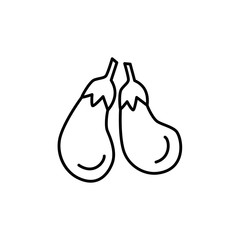 Black & white vector illustration of eggplant vegetable. Line icon of fresh organic aubergine veggie. Vegan & vegetarian food. Health eating ingredient. Isolated on white background.