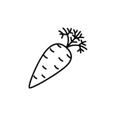 Black & white vector illustration of carrot vegetable. Line icon of fresh organic carrot root with leaves. Vegan & vegetarian food. Health eating ingredient. Isolated on white background.