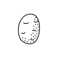 Black & white vector illustration of whole unpeeled potato vegetable. Line icon of fresh organic potato root. Vegan & vegetarian food. Health eating ingredient. Isolated on white background.