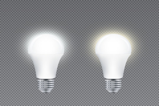 Set of LED lightbulbs with cold and warm light, glowing effect, isolated on simple background
