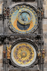 A view of the historic Prague Orloj Astronomical Clock in the city of Prague, Czech Republic.