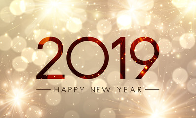 Shiny Happy New Year 2019 poster with gold fireworks.