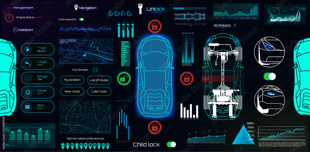 Poster application elements for car, futuristic style (hud). ui,ux, kit. set elements for mobile app, dark 