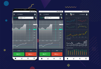 Mobile Stock Trading Concept. UI UX Design.  Trendy Mobile Banking. Cryptocurrency Technology. Bitcoin Exchange. Financial Analytics. Trading Business Application Template. Vector illustration