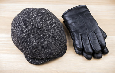 Vintage Hat gloves wooden table 