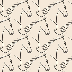 Seamless pattern with black horses, beige background. Realistic vector illustration.