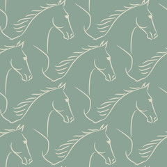 Seamless pattern with beige horses, green background. Realistic vector illustration.
