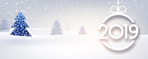Blue 2019 New Year banner with winter landscape.