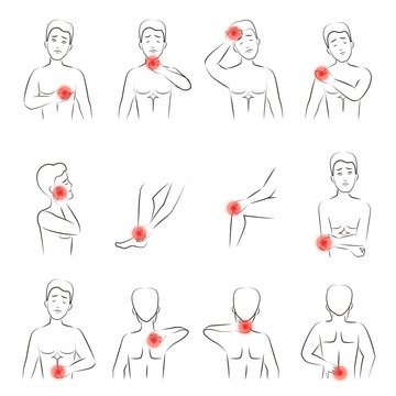 Outline vector illustration of man pain set. Line man feeling pain in different body parts.