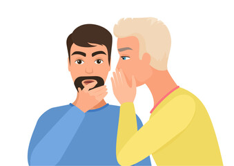 Man gossiping, says rumors to other man character. Gossip man flat vector illustration.