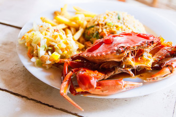 boiled crab on wooden table.Seafood concept.Selective focus.