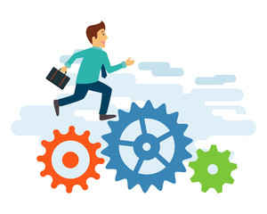 Young businessman walking to the success trough gear set