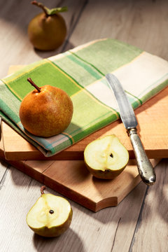 Pears harvest. Fresh organic pears on napkin. Pear autumn harvest