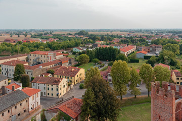 Fototapeta na wymiar Montagnana, Italy - August 24, 2018: Panoramic view of the city fortress from the tower.