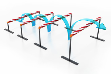 Blue arrow jumping over the obstacles. 3D illustration