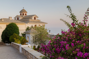 Naklejka premium Thassos island, Greece. View of Archangel (or Saint) Michael Monastery on the coast of Augean sea. Travel Europe, holidays in Greece.