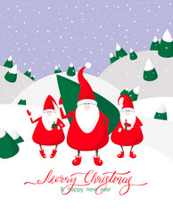 Merry Christmas and Happy New Year card with cute Santa Clauses.