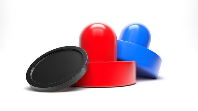 Air hockey red and blue handles and black puck isolated on white. 3d render
