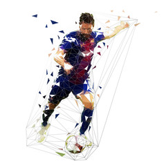 Football player in dark blue jersey kicking ball, abstract low poly vector drawing. Running soccer player. Isolated geometric colorful illustration, front view © michalsanca