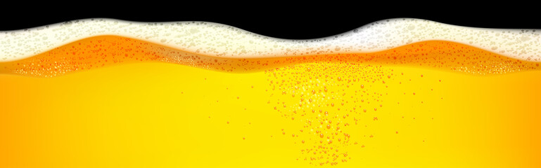 Yellow horizontal beer foam background illustration. Beer foam background with realistic bubbles menu design for banners and flyers. 