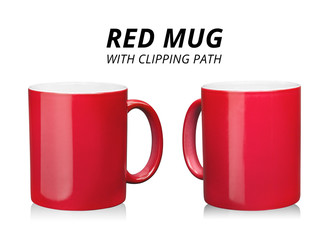 Red coffee mug isolated on white background. Template of ceramic container for drink. ( Clipping path )