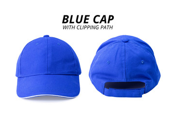 Blue cap isolated on white background. Template of baseball cap in front and back view. ( Clipping path )