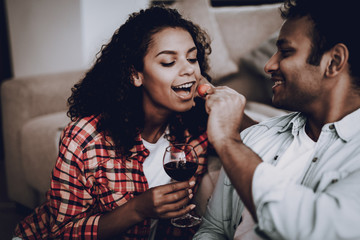 Boyfriend Is Feeding Girlfriend With Strawberry.