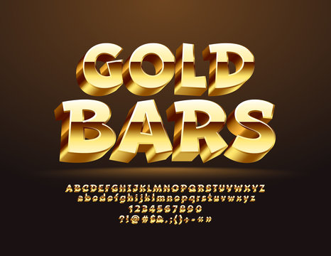 Vector Icon with text Gold Bars. Stylish bright 3D Font. Chic Alphabet Letters, Numbers and Symbols