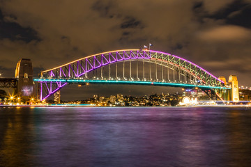 Sydney Harbour bridge night lights reflected on harbour