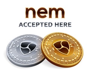 NEM. Accepted sign emblem. Crypto currency. Golden and silver coins with NEM symbol isolated on white background. 3D isometric Physical coins with text Accepted Here. Stock vector illustration.
