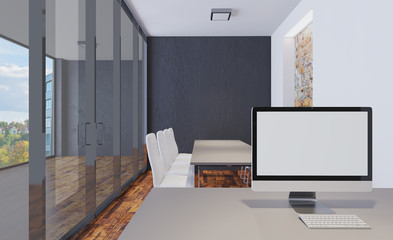 Fototapeta na wymiar 3D rendering. Business Center. The director's office with a large monitor on the desk. Meeting room