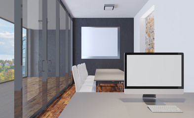 3D rendering. Business Center. The director's office with a large monitor on the desk. Meeting room. Blank paintings.  Mockup.