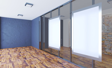 3D rendering. Business center. A modern empty office with large glass partitions. Meeting room. Blank paintings.  Mockup.