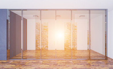 3D rendering. Business center. A modern empty office with large glass partitions. Meeting room. Sunset.