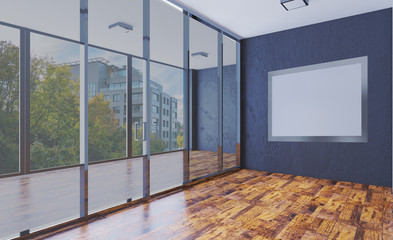 3D rendering. 3D rendering. Business center. A modern empty office with large glass partitions on the background of a panoramic window. Meeting room. Blank paintings.  Mockup.