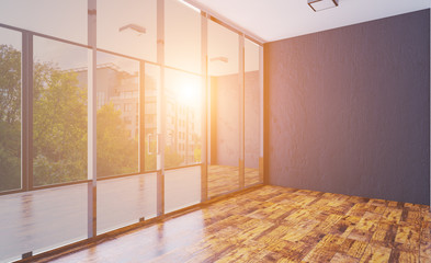 3D rendering. 3D rendering. Business center. A modern empty office with large glass partitions on the background of a panoramic window. Meeting room. Sunset.