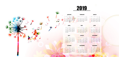 Calendar planner 2019 template with colorful dandelion. Nature themed calendar poster, week starts Sunday. Calendar layout for 2019 isolated, vector illustration background