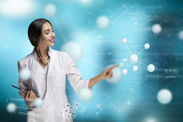 Molecular Biology, Genetics and Medical Concept. A woman, scientist, doctor or biologist, is...