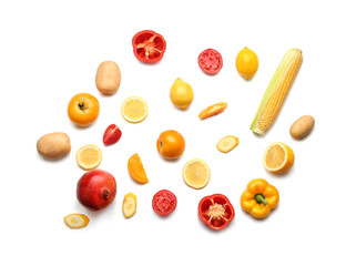 Flat lay composition with various vegetables and fruits on white background