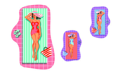 beautiful woman lying on the beach towel near swimming pool top view of pretty girl, summer holiday and summer camp poster traveling template poster badge vector illustration party, girl sunbathing by