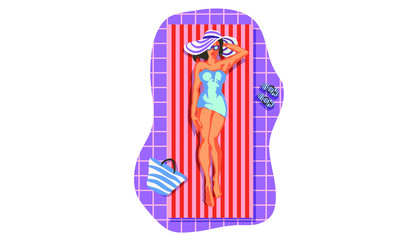 beautiful woman lying on the beach towel near swimming pool top view of pretty girl, summer holiday and summer camp poster traveling template poster badge vector illustration party, girl sunbathing by