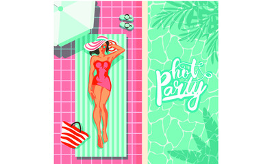 beautiful woman lying on the beach towel near swimming pool top view of pretty girl, summer holiday and summer camp poster traveling template poster badge vector illustration party, girl sunbathing by